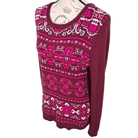 Talbots Pink Lambswool Womens Fair isle knit Crew Neck Beaded crystal sweater M - Picture 9 of 16